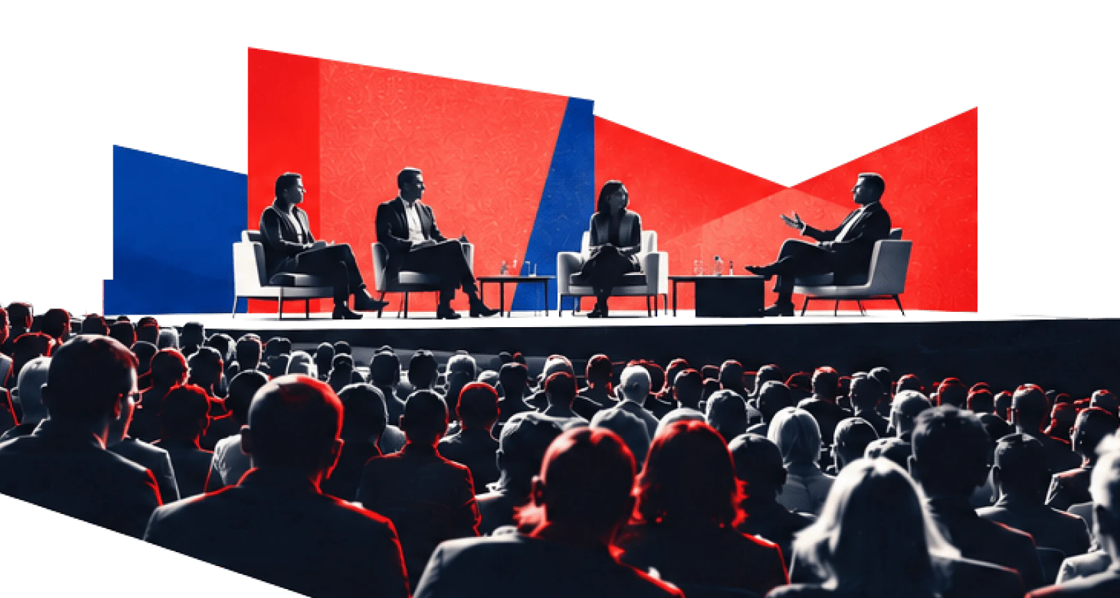 Panel discussion on a red and blue stage in front of a large audience